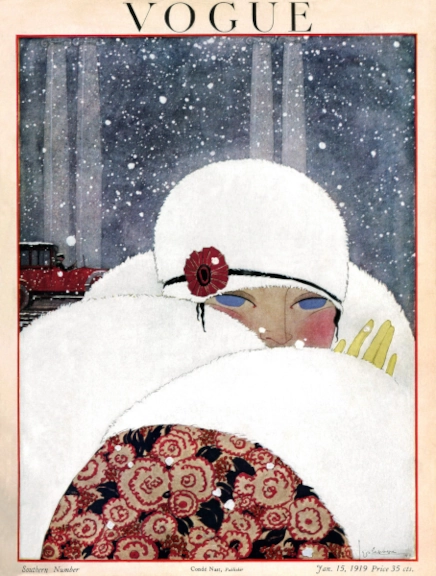 Vogue cover of an illustrated woman in warm, fashionable clothes demonstrates "how has the fashion industry changed over time"