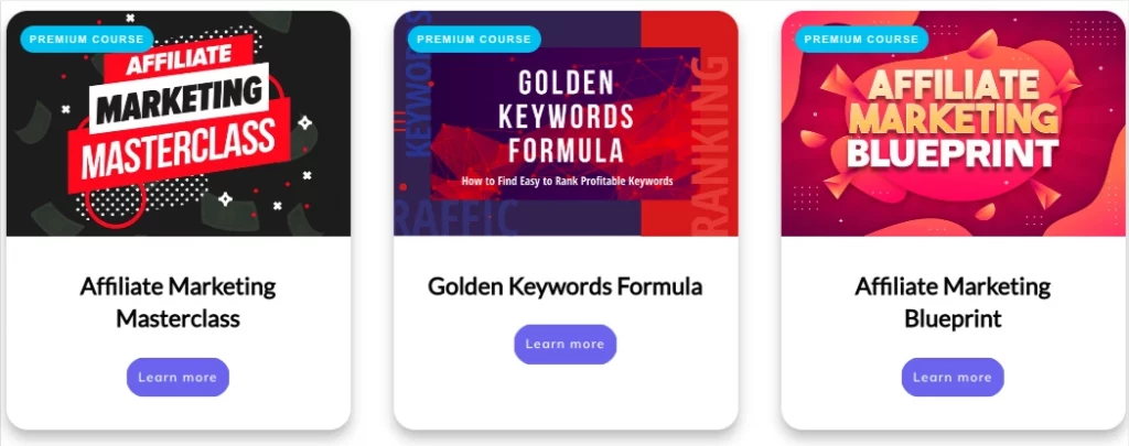 Screenshot of courses offered by Affiliate Growth School