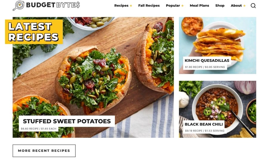 Screenshot of Budget Bytes homepage