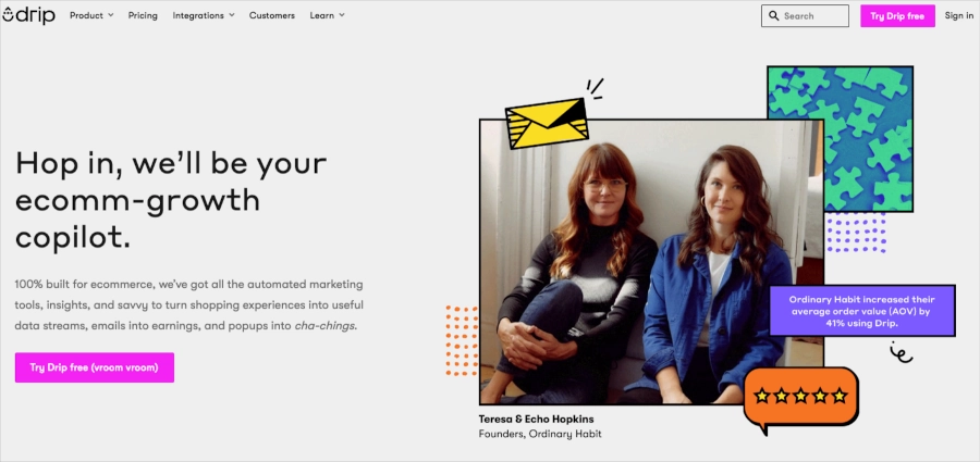 Screenshot of Drip homepage