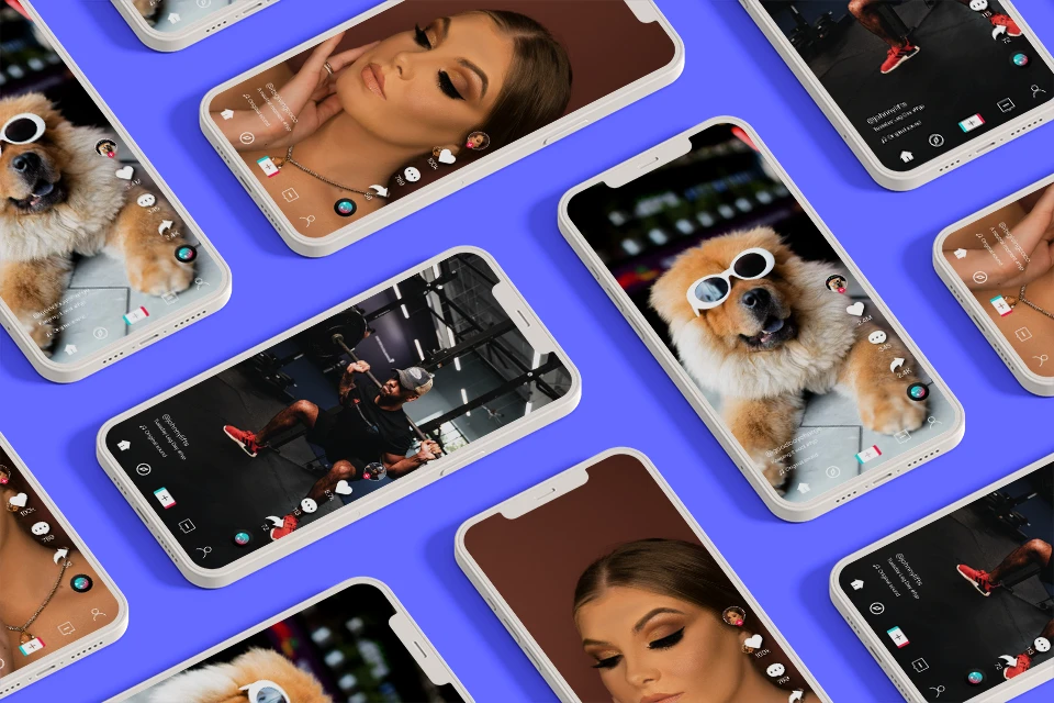 Many smartphones with TikTok videos on them against a purple background