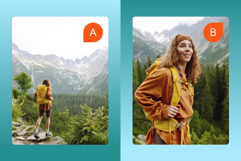 The image split showcases A/B testing in action: In section A, a person with a yellow backpack gazes at a mountainous landscape, while in section B, they smile in an orange outfit amidst similar scenery. Perfect influencer content for social media engagement!.