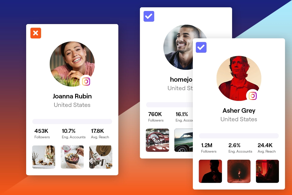 Two profile cards are displayed. The first, featuring a person with 453K followers, highlights PhD credentials. The second showcases an influencer marketing guru with 760K followers. Both cards include images and social media icons, along with specified engagement metrics.
