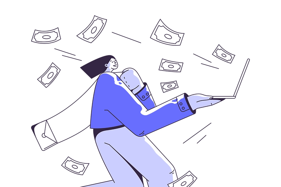 Illustration of a woman holding a laptop expelling money