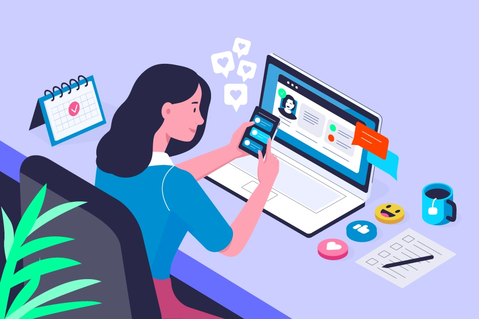 Illustrated woman on a smartphone in front of a laptop