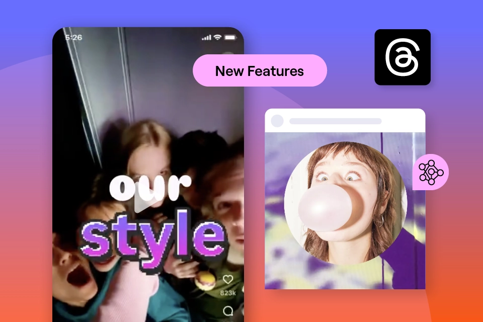 A collage image showcasing new features appears, with the Instagram algorithm subtly in play. On the left, a screen displays a group with the text our style. On the right, a person blows a bubble with gum. Icons and text overlays add dynamic design elements.