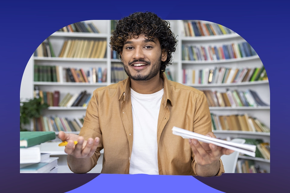 A KOL with a notebook and camera posing a question