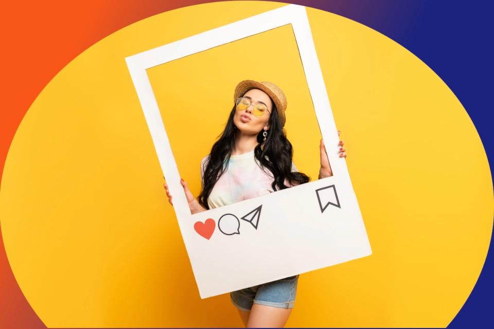 Woman in an Instagram picture frame making a kissy face