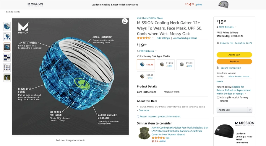 Mission Cooling Neck Gaiter listing on Amazon