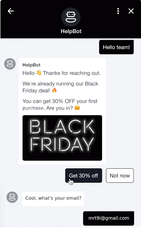 Help bot conversation example of conversational marketing