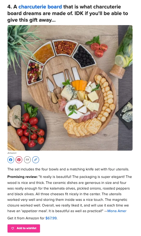 Screenshot of Buzzfeed gift guide item 4, a charcuterie board in example of content commerce