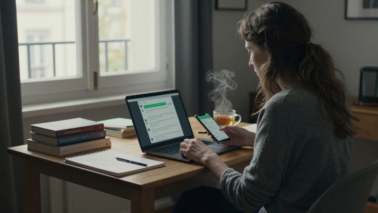 A woman works quietly in her apartment, encrypted messages visible on her phone beside a cup of tea.