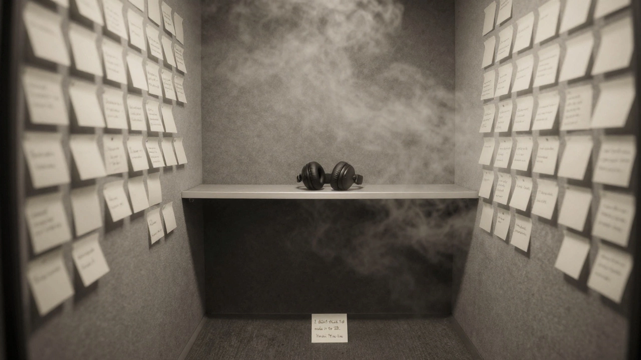 An empty soundproof booth with headphones and a handwritten sticky note reading &#039;I’m here. You will too.&#039;